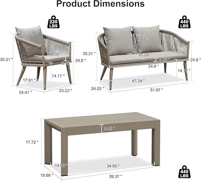 PURPLE LEAF 4 Pieces Patio Conversation Set Outdoor Wicker Furniture with Aluminum Table and Rattan Chairs Sofa Cushions Included for Porch Backyard Garden Balcony Champagne