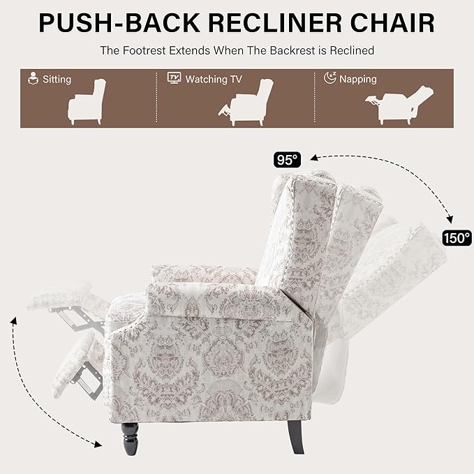 UIXE Recliner Chairs Set of 2, Fabric Upholstered Armchair Pushback Accent Chair for Living Room, Floral Rivet Trim Club Chair Home Theater Single Sofa Bedroom Side Reading Seats - Beige