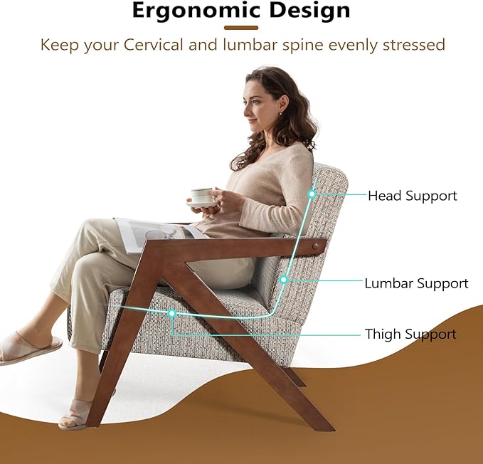Bonzy Home Mid-Century Modern Accent Chair Set of 2 with Solid Wood Frame, Upholstered Armchair for Bedroom & Living Room, Reading Side Chair with Soft Lien Fabric Cushion,Easy Assembly,Light Grey