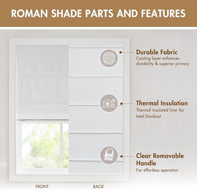 Madison Park Cordless Roman Shades, Total Blackout Window Blind Privacy Window Shades, Thermal Insulated Cordless Window Treatment for Bedroom, Living Room, Quincy, Single Panel 35" W X 64" H White