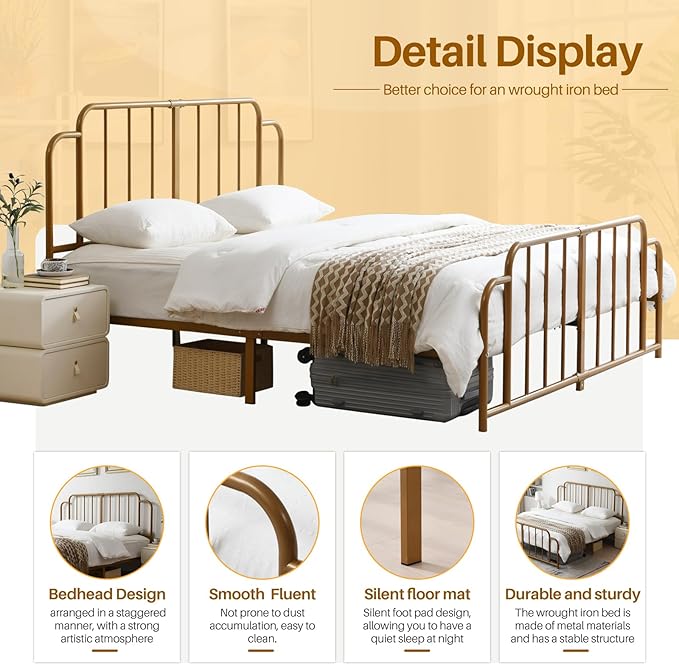 PINJU Metal Platform Bed Frame with Headboard and Footboard, Classic Style, Sturdy Metal Slats, No Box Spring Needed, Easy Installation (Gold, King)