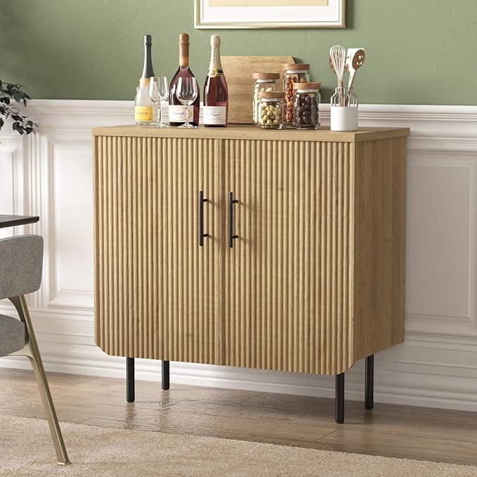 Buffet Cabinet with Storage, Sideboard with 2 Doors, Adjustable Shelf, Fluted Accent Cabinet for Living Room, Modern,Natural