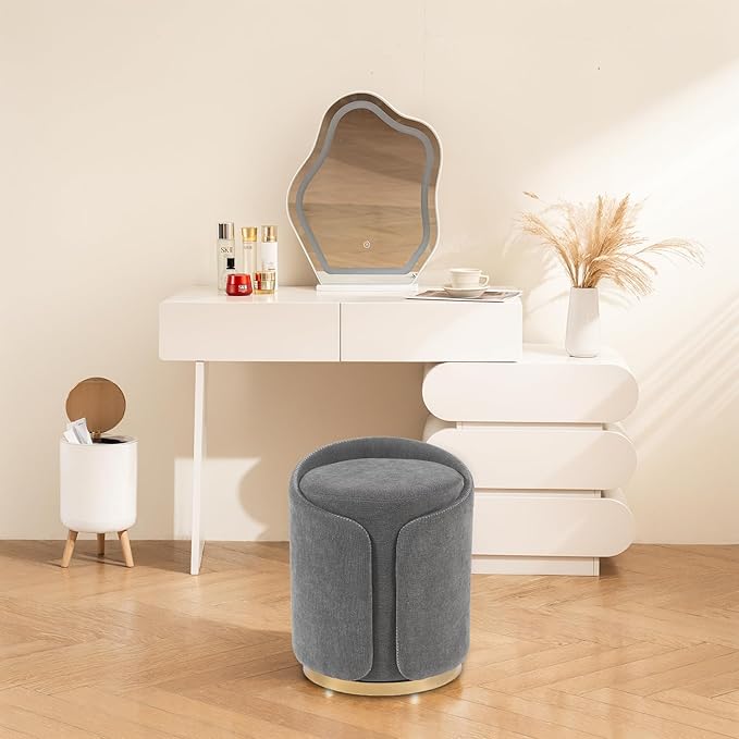 Swivel Vanity Stool with Gold Base Comfy Vanity Chair Modern Round Stool for Makeup Vanity Ottoman Foot Rest for Bedroom livingroom (Dark Gray)