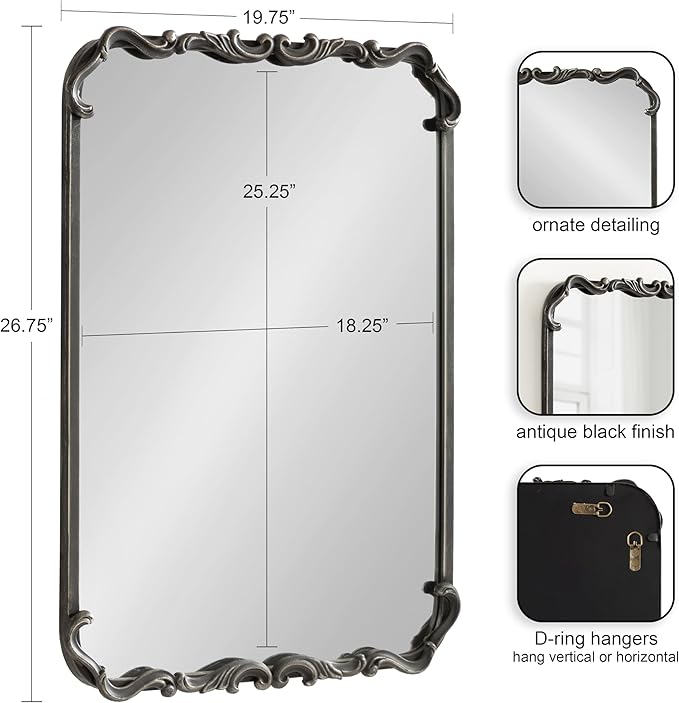 Kate and Laurel Traditional Rounded Rectangle Ornate Mirror; 20 x 27; Black; Ornamental Round Rectangular Classic Framed Wall Mirror for Bathroom Vanity or Fireplace Mantel