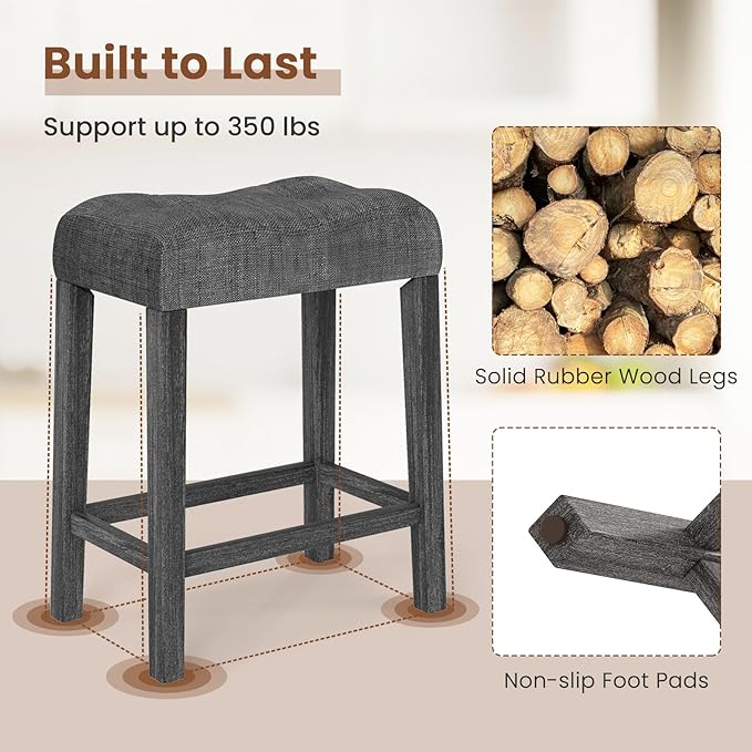 COSTWAY Wooden Saddle Stools Set of 4, 24-inch Counter Height Upholstered Backless Bar Stools with Solid Rubber Wood Legs, Padded Seat, Farmhouse Dining Chairs for Kitchen Island, Cafe, Grey