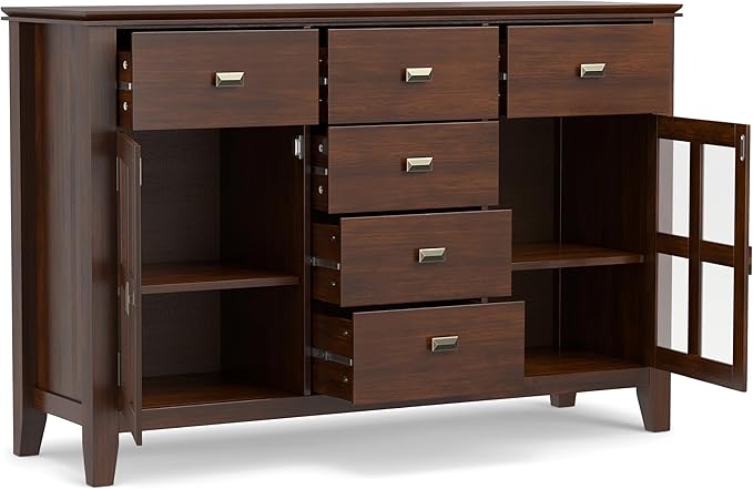 SIMPLIHOME Artisan Buffet - 54 inch Wide Solid Wood 3-Door Sideboard Buffet in Russet Brown, Transitional Storage Cabinet for Dining Room or Kitchen with Adjustable Shelves and Bronze Hardware