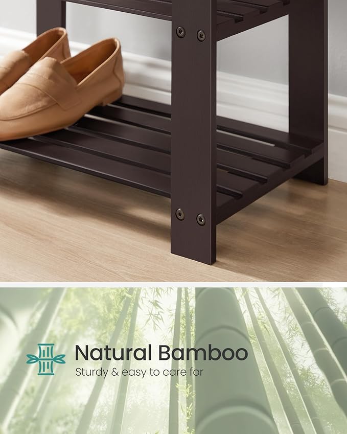 SONGMICS Bamboo Shoe Bench, 3-Tier Shoe Rack Organizer for Entryway, Living Room, Bench Seat Holds Up to 300 lb, 11.9 x 20.5 x 19.2 Inches, Rustic Walnut and Slate Gray ULBS504M01