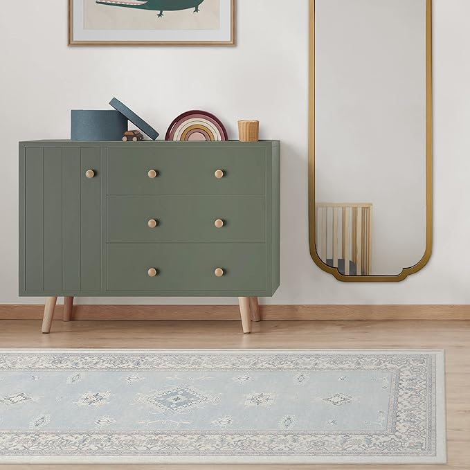 RUGGABLE Washable Vintage Area Rug – Verena Soft Blue 8x10, Stain-Resistant, Non-Slip – Large Machine Washable Rugs for Living Room, Bedroom, Hallway, Entryway & Office–with Cushioned Pad