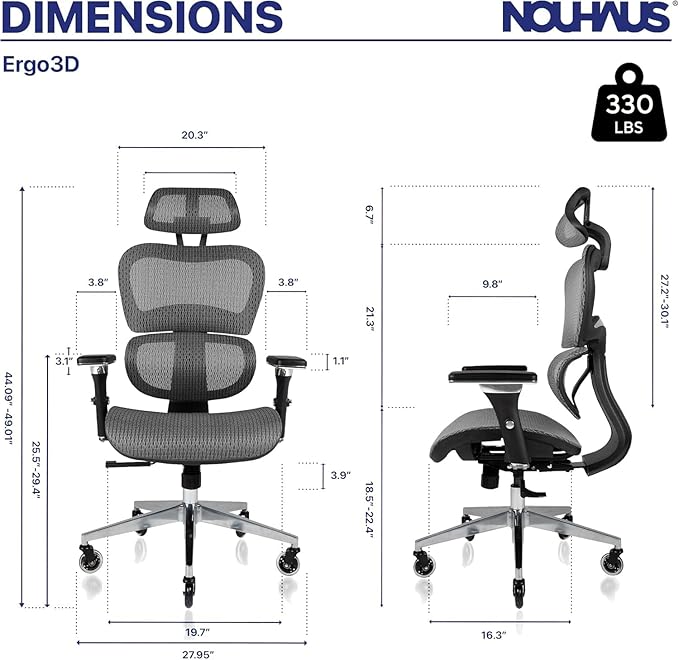 Nouhaus Ergo3D Ergonomic Office Chair Lumbar Support Mesh Office Chair with 4D Adjustable Armrest, Adjustable Headrest and Wheels, Mesh High Back Home Office Desk Chairs (Grey)