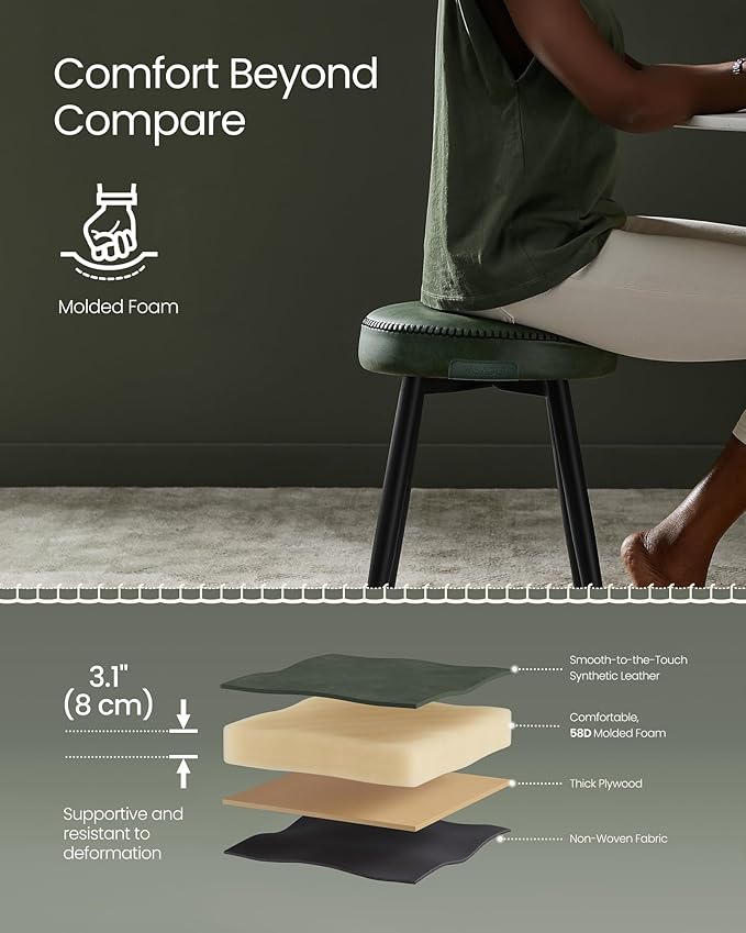 VASAGLE EKHO Collection - Dining Chairs Stools Set of 2, Upholstered Kitchen Chairs, Vanity Stools, Synthetic Leather with Stitching, Mid-Century Modern, 19-Inch Tall, Easy Assembly, Forest Green