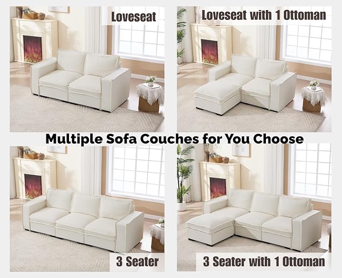 EALSON 119" Modular Sectional Sofa Modern Comfy 4-Seater Couch Sofa Linen Fabric Upholstered Cloud Couches with 24" Deep Seat and Wooden Legs for Bedroom/Living Room/Office, White