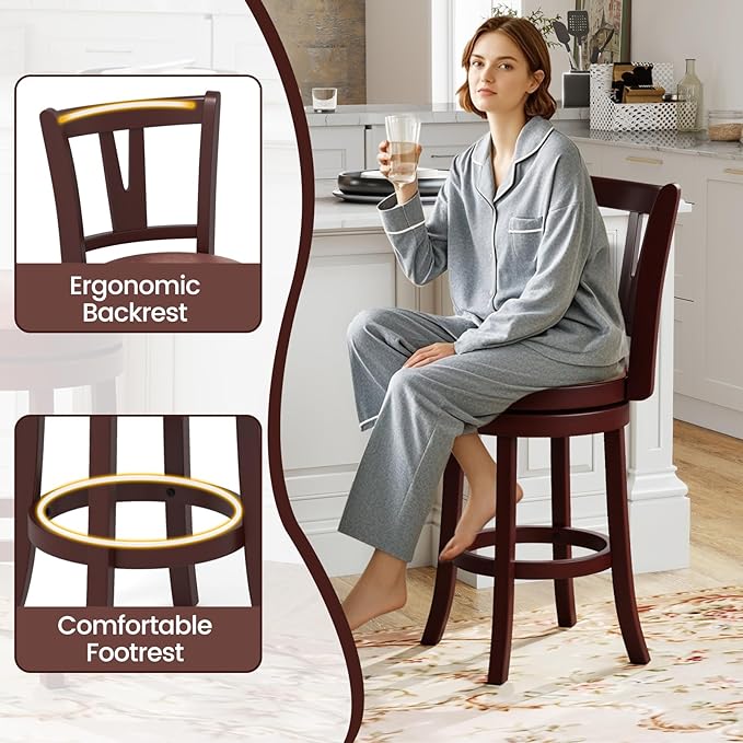COSTWAY Barstools Set of 2, Faux Leather Upholstered Bar Stools with High Backs and Footrests, Armless Kitchen Island Dining Chairs with Solid Wood Legs, Cappuccino (2, 26'' Seat Height)