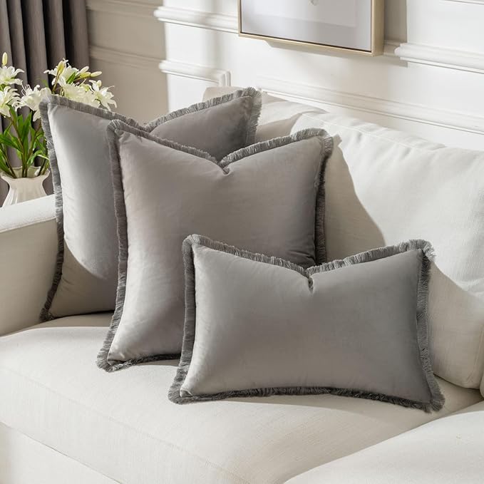 FUTEI Grey Velvet Decorative Throw Pillow Covers 18x18 Set of 2,Soft Cozy Edge with Tassels Cushion Case,Boho Modern Home Decor for Couch Bed Living Room