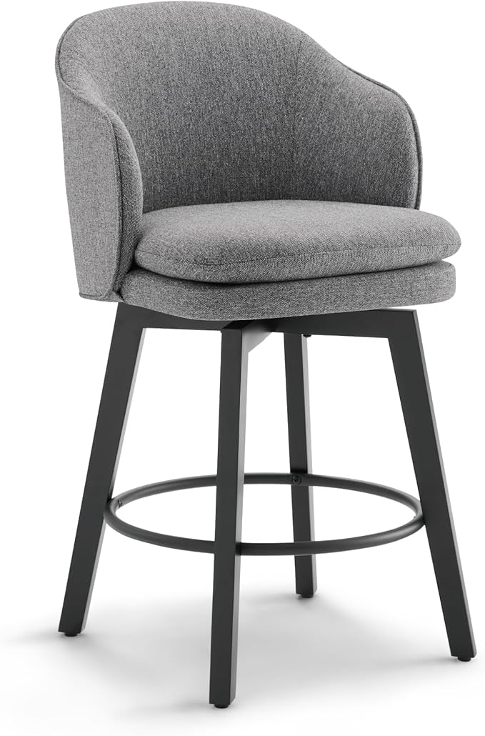 Counter Height Barstools 26 inch Upholstered Swivel Bar Stools with Back and Wood Legs for Kitchen Island,Set of 1,Dark Grey Fabric