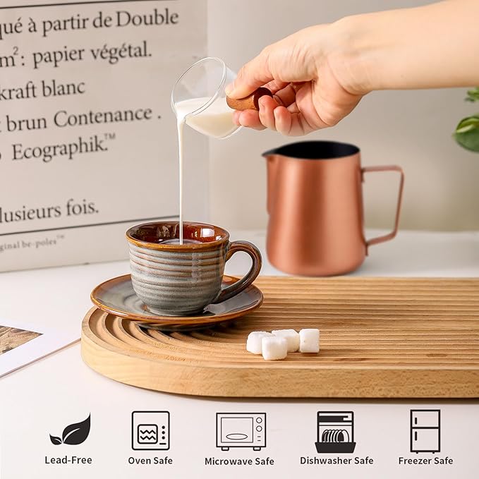 Hasense Espresso Cups with Saucers, 4 oz Small Ceramic Espresso Coffee Mugs Set of 4, Cute Cappuccino Cup Set, Demitasse Cups Perfect for Espresso Shots, Cappuccino, Tea-Grey Brown