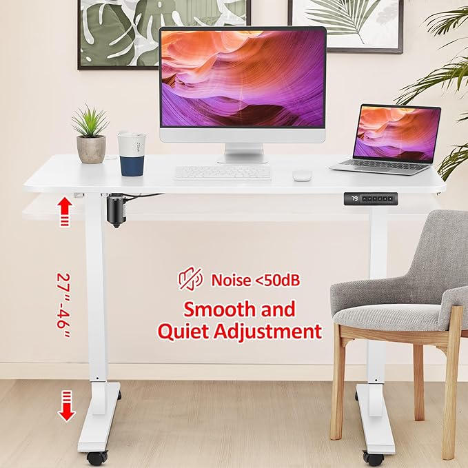 farexon Electric Standing Desk Adjustable Height, 55x24 Inches Computer Desk with 4 Preset Heights, Double Metal Hook, Rolling Wheels, Multifunctional Stand up Desk for Home/Office(White)