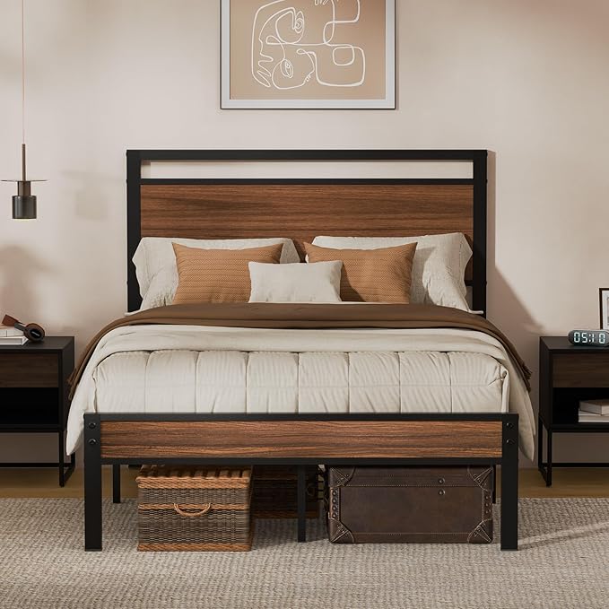 Z-hom Upgraded Full Size Bed Frame, Heavy Duty Metal Sturdy Full Bed Frame with Modern Wood Headboard & Footboard, Stable Platform Bed Furniture Bed Storage, No Noise, No Box Springs,Walnut