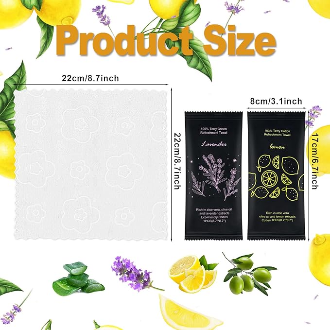 Moist Cotton Towel Bulk Moist Towelettes Individually Wrapped 8.7" x 8.7",White Towel Services,Refreshment Pre Moistened Towels Lavender and Lemon Scent for Travel Sport Party Spa Dentist Hote200
