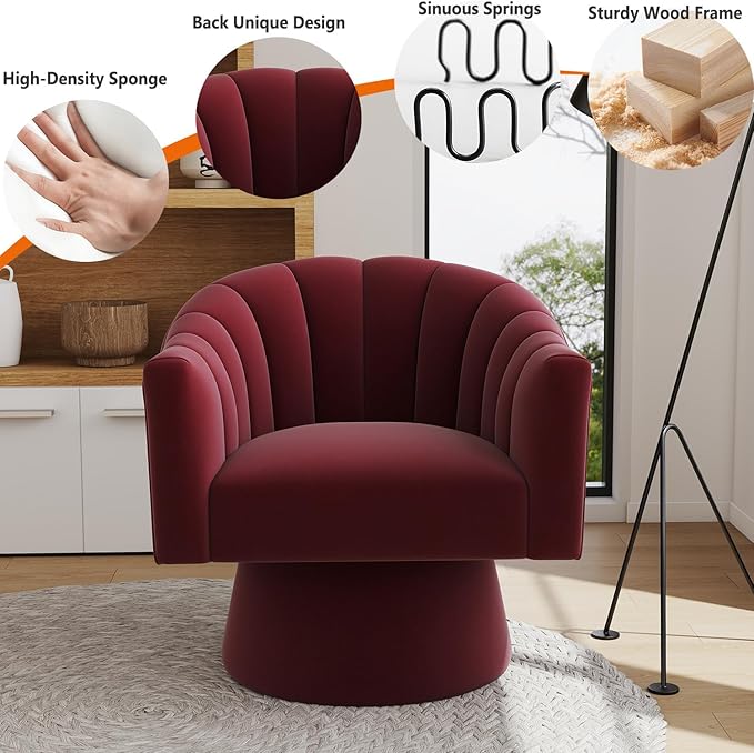 Swivel Accent Chair Set of 2, Upholstered Velvet 360° Swivel Barrel Chair for Living Room Overstuffed Bouncle Reading Chair Round Armchair for Bedroom,Vanity,Office (Red)