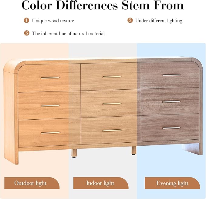 Curved 9-Drawer Dresser for Bedroom, 63" Wide Modern Chest of Drawers, Vanity Desk TV Stand for Living Room, Closet Storage Drawers Organizer Furniture, Nursery, Hallway, Oak
