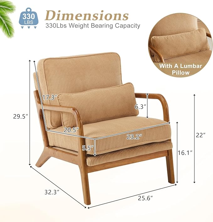 VINGLI Upgraded Premium Corduroy Accent Chair,Upholstered Arm Chair,Solid Wood Comfy Reading Chair with Lumbar Pillow, Mid Century Modern Chairs for Living Room,Bedroom,Guest Room,Khaki