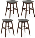 COSTWAY Swivel Bar Stools Set of 4, 30-inch Height Backless Upholstered Chairs with Padded Contoured Seat, Rubber Wood Legs, Footrest, Linen Fabric Barstools for Kitchen Counter Island, Grey+Brown