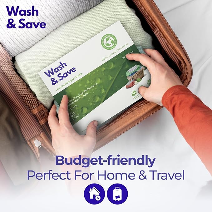 WASH & SAVE Laundry Detergent Sheets (60 Loads, 30 Sheets) | Plant Based, Eco-Friendly, Hypoallergenic Liquidless Detergent, Perfect for Travel & Dorm (Spring Fresh)