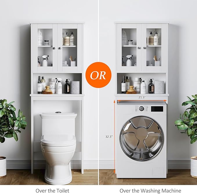 Meilocar Over The Toilet Storage Cabinet, Bathroom Storage Cabinet Over Toilet, Space Saver W/Adjustable Shelf & Open Shelf, White