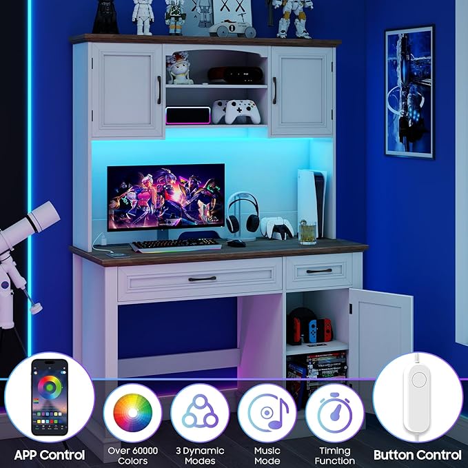 Vabches Farmhouse 47" Executive Desk with Hutch, 2 Drawers and LED Light, Computer Desk with Storage Cabinet and Charging Station,Workstation for Home Office and Study.Unique White