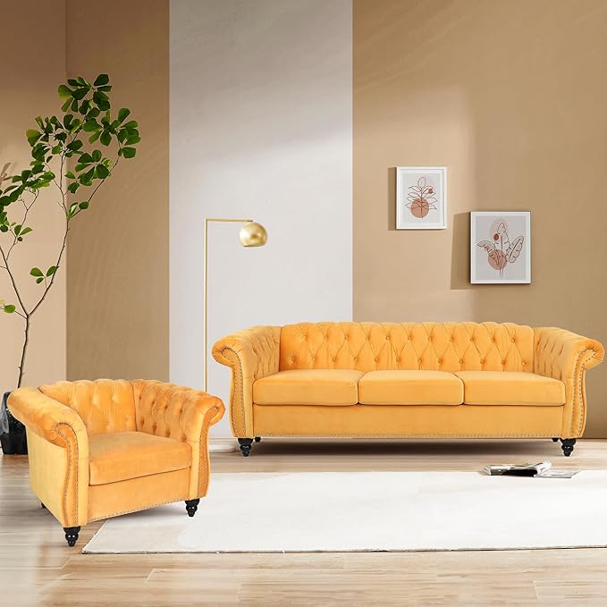 Accent Sofa Chair for Living Room, Mid Century Modern Velvet Upholstered Armchair, Oversized Comfy Single Couch Chair with Cushion, Tufted Chesterfield Sofa Couch for Home, Bedroom, Apartment (Yellow)