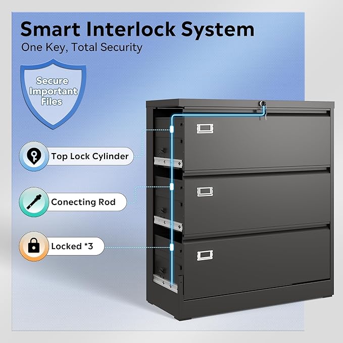 DEVAISE 3 Drawer Lateral File Cabinet with Lock, Metal Filing Cabinets for Home Office, 16" D x 35" W x 40.5" H Wide Storage Organization for Hanging Files Letter/A4/Legal/F4 Size, Black