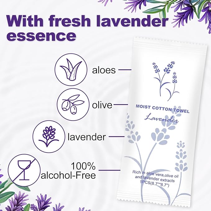 Moist Cotton Towel Bulk Moist Towelettes Individually Wrapped,White Towel Services,Refreshment Pre Moistened Towels for Dentist Travel Sport Party Hotel 50，Lavender