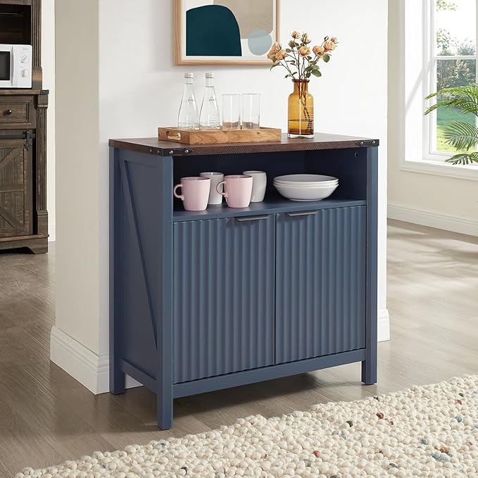Buffet Cabinet with Storage - Modern Farmhouse Rustic 32 Fluted Sideboard Storage Cabinet Buffet with Adjustable Shelves, Coffee Wine Bar Organizer for Dining Room (Navy Blue)