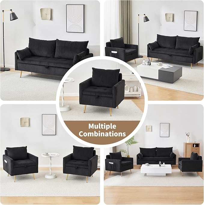 Furnimart 2-Seater Storage Loveseat for Small Spaces, 62“ Corduroy Couch with Removable Cushion Cover and Metal Leg for Bedroom, Apartment, Tiny Homes and Lofts, Black
