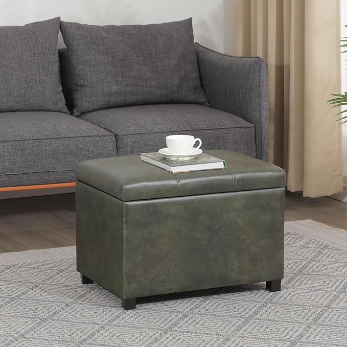 Asense Storage Ottoman Bench,Foot Stool Ottoman with Storage, Faux Leather Foot Rest Seat with Safety Hinge,Wood Legs Stool for Living Room, Bedroom,Enterway,Green