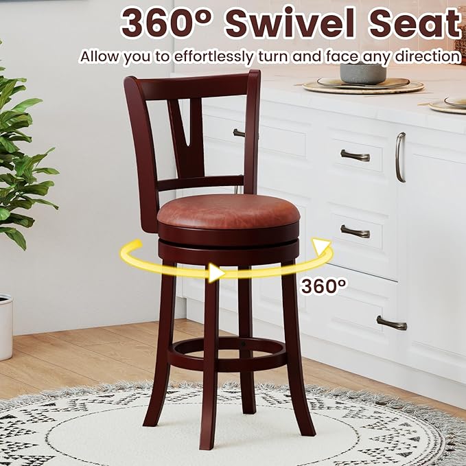 COSTWAY Barstools Set of 2, Faux Leather Upholstered Bar Stools with High Backs and Footrests, Armless Kitchen Island Dining Chairs with Solid Wood Legs, Cappuccino (2, 26'' Seat Height)