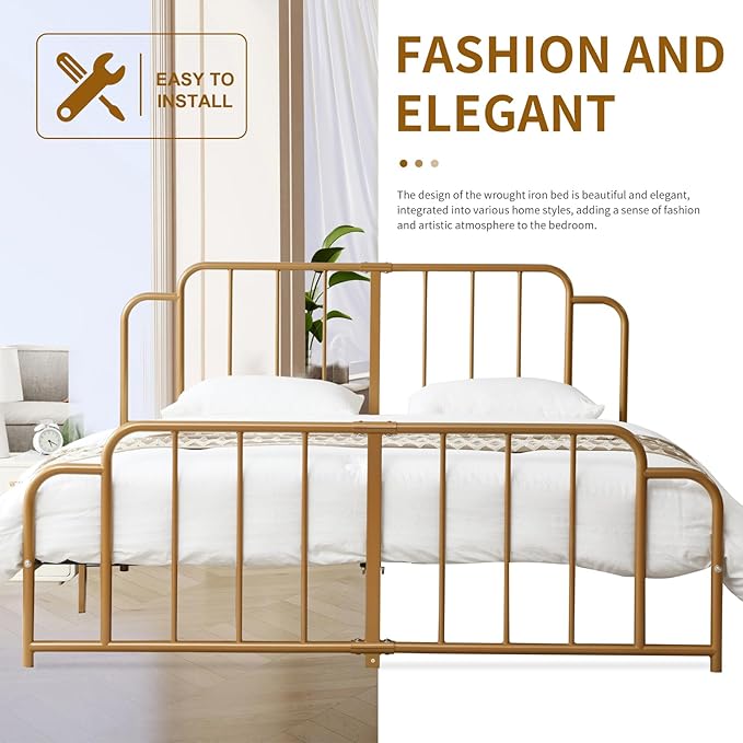 PINJU Metal Platform Bed Frame with Headboard and Footboard, Classic Style, Sturdy Metal Slats, No Box Spring Needed, Easy Installation (Gold, King)