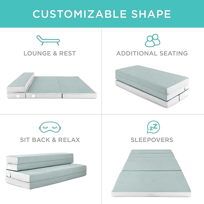 Best Choice Products 4in Portable Full-Size Mattress, Tri-Fold Mattress for Camping, Guest, Toddler, Foam Plush w/Carry Case - Seafoam