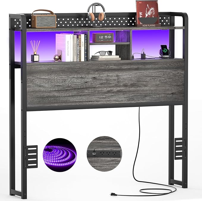 Unikito Headboard for Twin Size Bed with Storage Shelf, Head Board with 3 Outlets and 2 USB Ports, Headboards with RGB LED Light, Height Adjustable, Sturdy and Stable, Easy Assembly, Black Oak