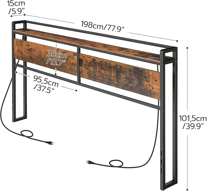 HOOBRO King Size Headboard, Headboard with 2 Outlets and 4 USB Ports, Adjustable Height, Storage Rack, Sturdy and Stable, Easy Assembly, Rustic Brown and Black