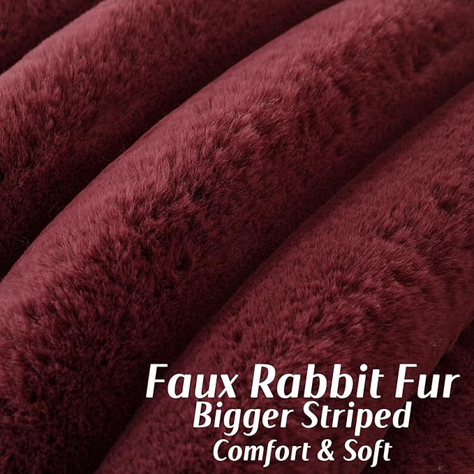 FUTEI Christmas Burgundy Decorative Throw Pillow Covers 20x20 Inch Set of 2, Square Soft Faux Rabbit Fur Thick Striped Cushion Cover,Winter Home Decor for Couch Bed Living Room