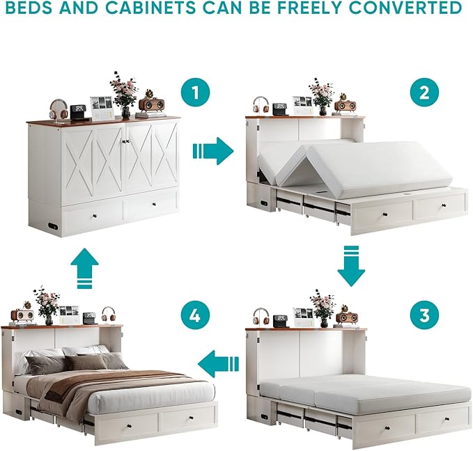 BALUS 63" W Queen Murphy Bed with Tri-Fold Mattress, Queen Size Murphy Cabinet Bed with 2 Storage Drawers & USB Charging Station, Chest Cabinet Beds for Bedroom Guest Room, White
