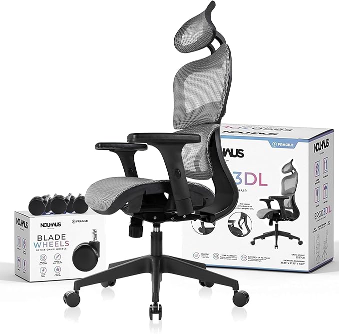 Nouhaus Ergo3dL Home Office Desk Computer Chairs Ergonomic Office Chair High-Back Mesh Rolling Work Chairs with Wheels and Adjustable Headrests Comfortable Lumbar Support Adjustable Armrests,Gray