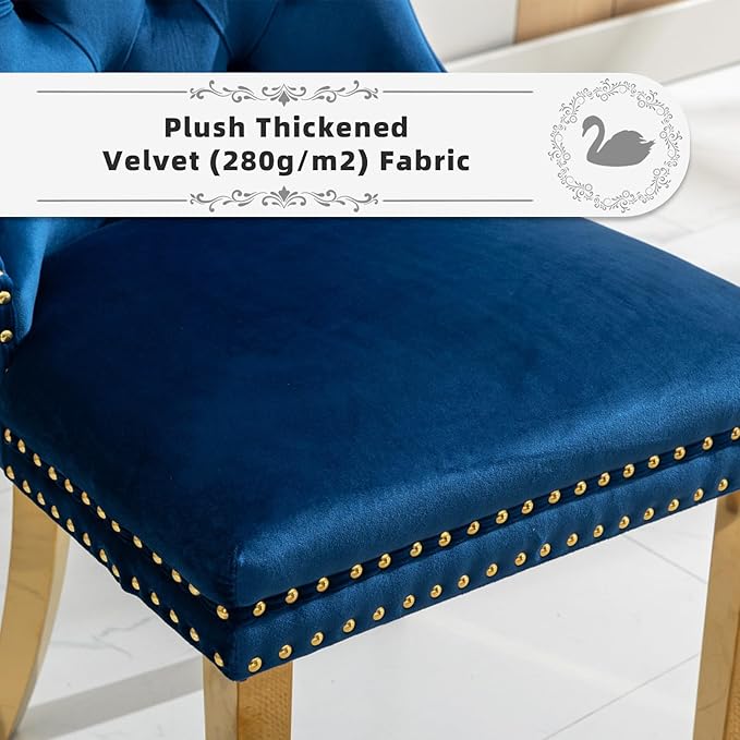 Velvet Upholstered Dining Chairs Set of 2, Modern Style Kitchen Side Chairs with Nailhead Trim and Gold Plated Leg, Metal Pulling Ring for Dining Room Living Room（Blue-Gold Plated Leg）