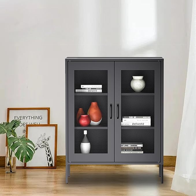 Black Metal Storage Cabinet with Mesh Doors, Small Office Storage Locker with 2 Adjustable Shelves, Accent Metal Locker Cabinet for Home, Office, Living Room, Hallway