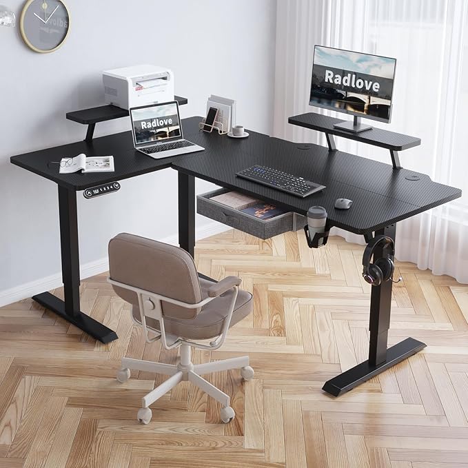 Radlove 63-Inch Large Electric Height Adjustable Computer L-Shaped Desk with Memory Controller Corner Standing Desk Modern Workstation with Splice Board Ergonomic Desk (Black Frame + Black Top)