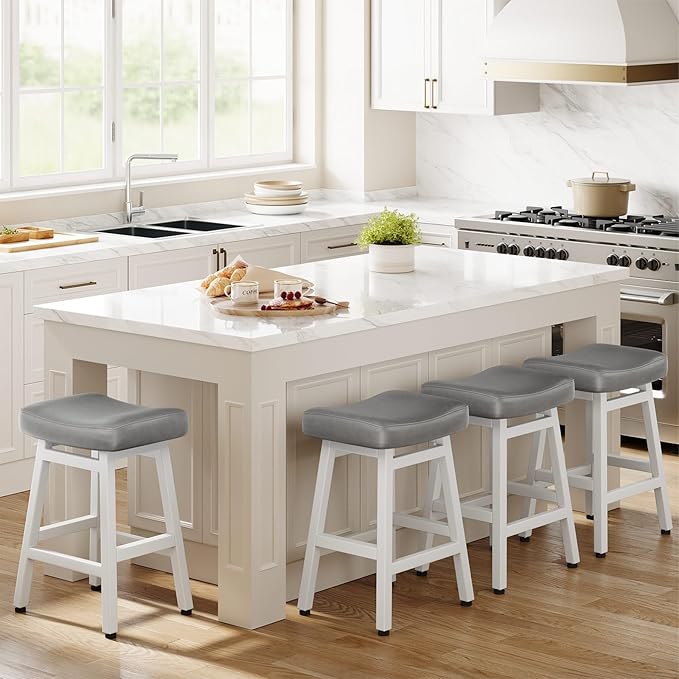 Counter Height Bar Stools Set of 2, 24 Inch Barstools for Kitchen Counter, Kitchen Stools with Bonded Leather Saddle Seats & Heavy Duty Metal Legs, Easy Assembly, Gray/White