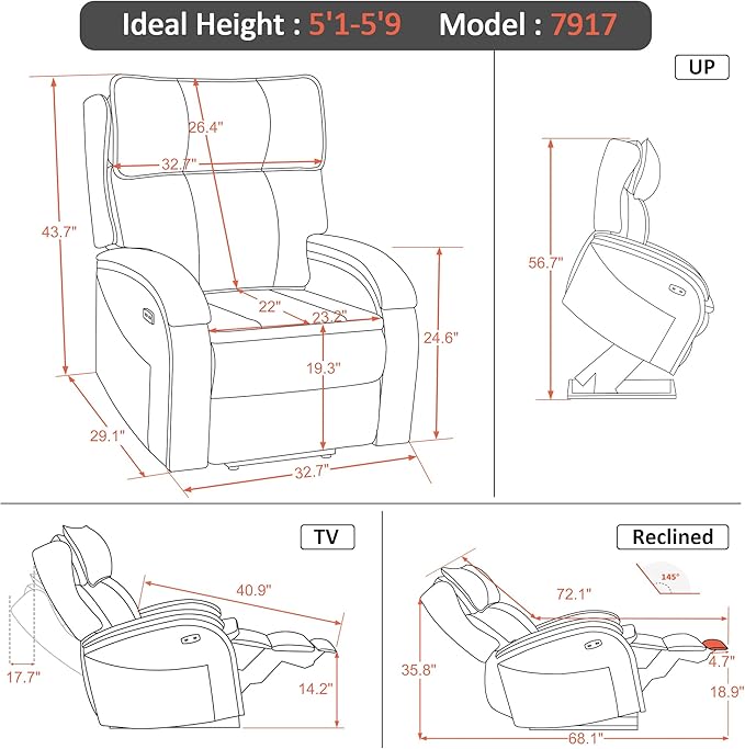 MCombo Power Lift Recliner Chair Sofa with Massage and Heat, Adjustable Headrest for Elderly People, Solid Wood Armrest, USB Ports, Side Pockets, Faux Leather 7917 (Dark Brown, Medium)