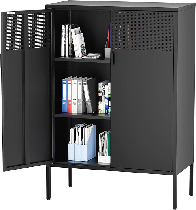 Black Metal Storage Cabinet, Metal Locker Storage Cabinet with Doors and Shelves, 3 Tier Steel Office Storage Cabinet, Metal Sideboard for Home, Office, Kitchen and Coffee Bar
