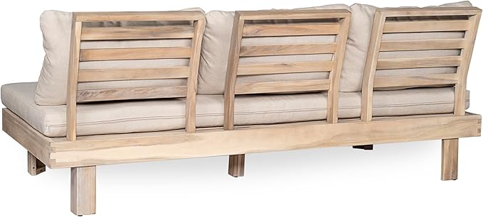 Christopher Knight Home Topia Acacia Wood Outdoor 3 Seater Sofa with Cushion, Wooden Patio Sofa Couch with Cushion, Comfy Armless Cloud Sofa Couch, Patio Furniture Sofa Set, Light Wash+Beige